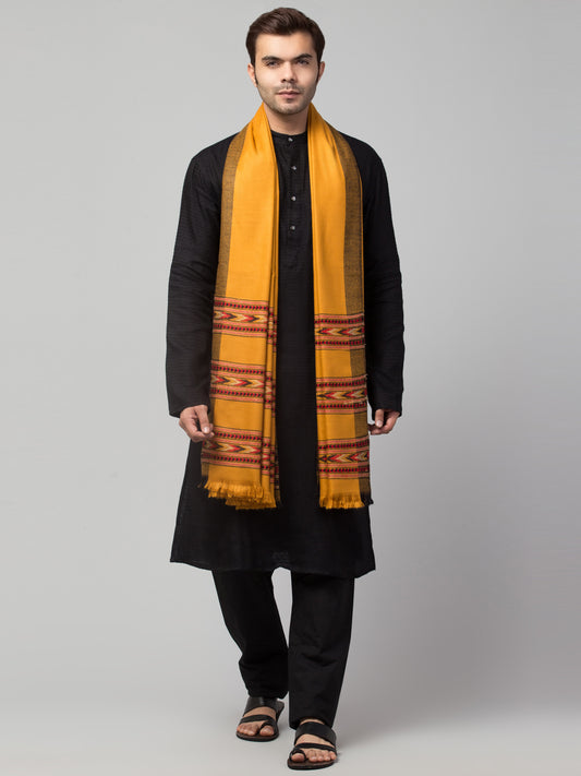 Ethnic Kullu Shawl for Men, Traditional Himachali Design with Tribal Motifs - Yellow (Size -40x80)