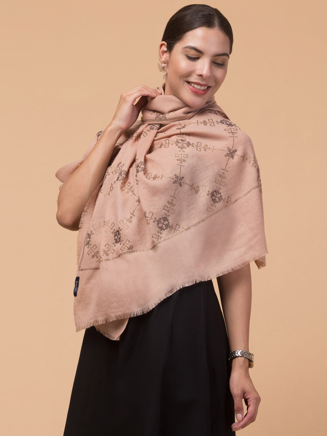 Fine Wool Crystal / Stone Work Stole - Beige