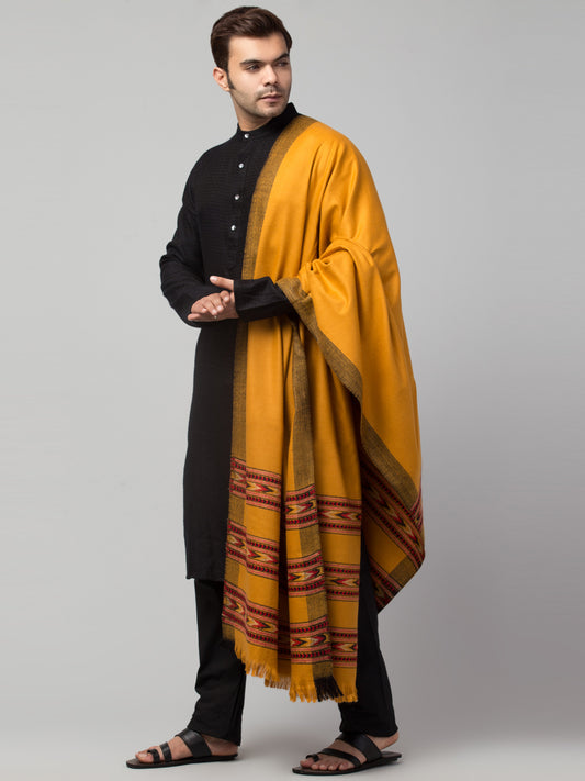 Ethnic Kullu Shawl for Men, Traditional Himachali Design with Tribal Motifs - Yellow (Size -40x80)