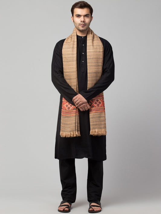 Ethnic Kullu Shawl for Men, Traditional Himachali Design with Tribal Motifs - Beige (40x80)