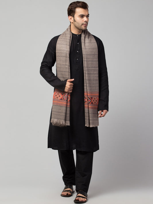 Ethnic Kullu Shawl for Men, Traditional Himachali Design with Tribal Motifs - Grey (40x80)