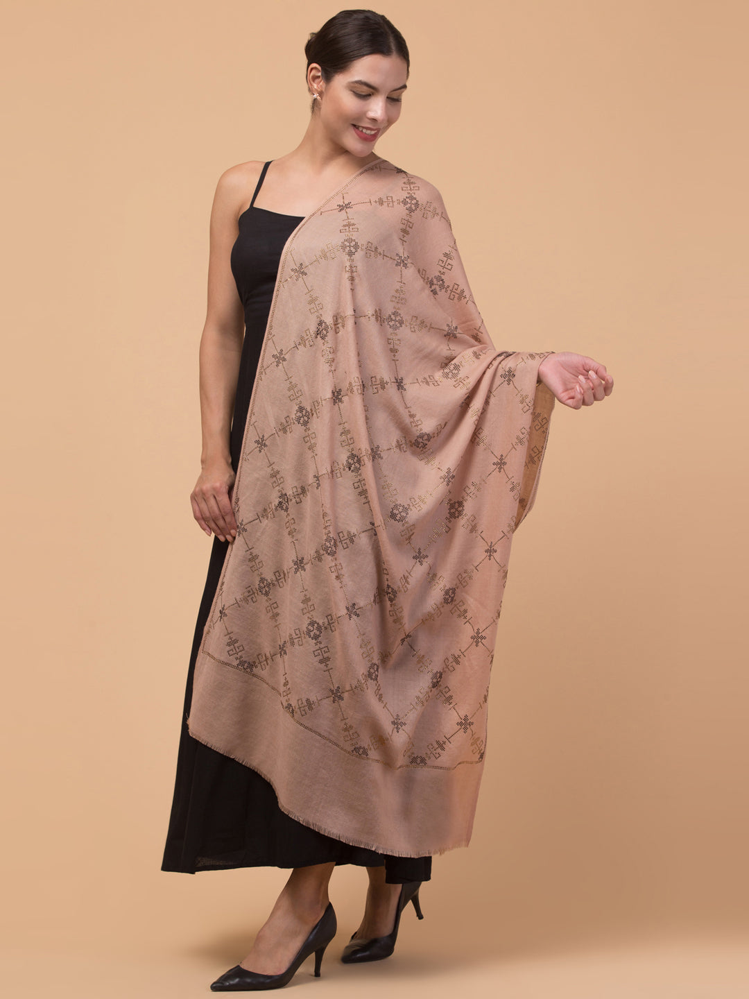 Fine Wool Crystal / Stone Work Stole - Beige