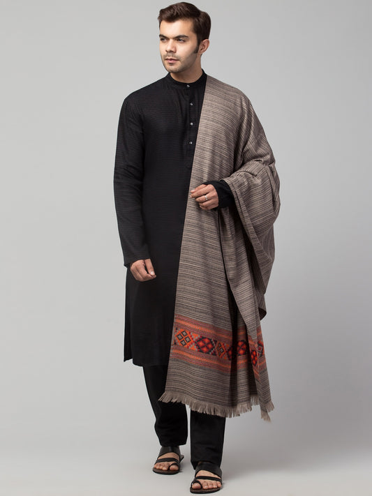 Ethnic Kullu Shawl for Men, Traditional Himachali Design with Tribal Motifs - Grey (40x80)