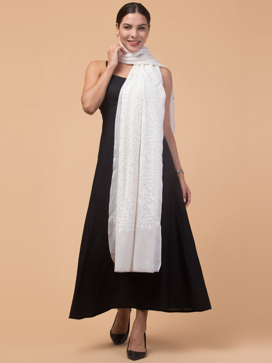 Pure Wool White on White Kashmiri Embroidery Stole