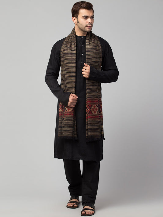 Ethnic Kullu Shawl for Men, Traditional Himachali Design with Tribal Motifs - Black (40x80)