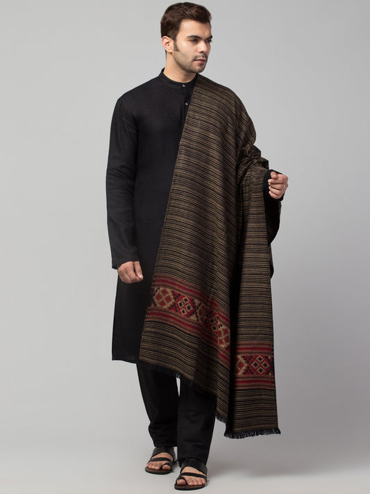 Ethnic Kullu Shawl for Men, Traditional Himachali Design with Tribal Motifs - Black (40x80)
