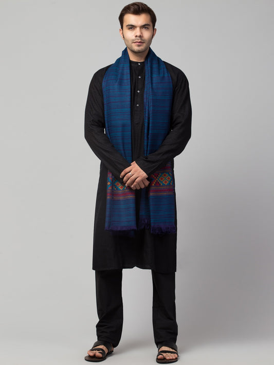Ethnic Kullu Shawl for Men, Traditional Himachali Design with Tribal Motifs - Light Blue (40x80)