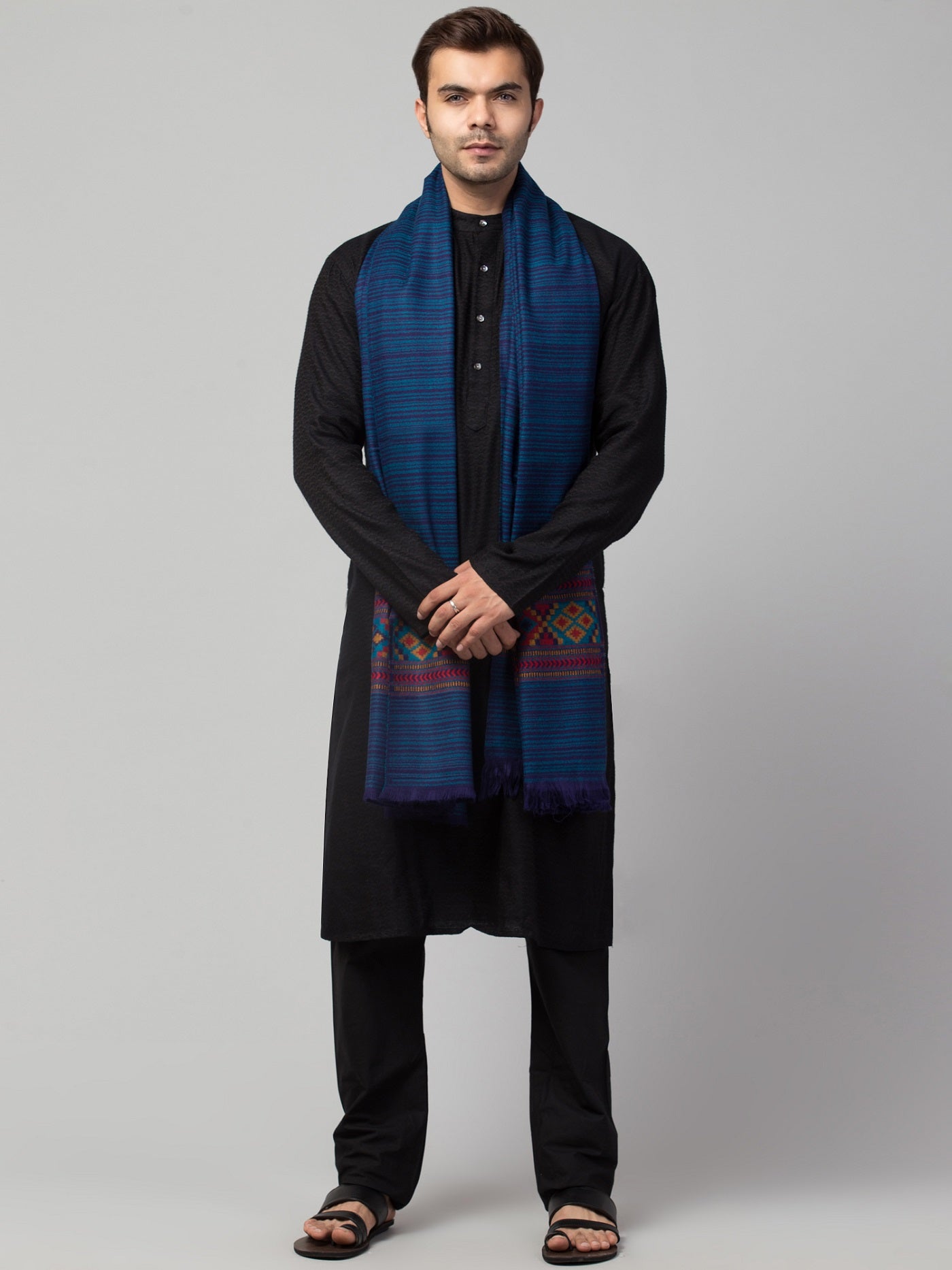 Ethnic Kullu Shawl for Men, Traditional Himachali Design with Tribal Motifs - Light Blue (40x80)