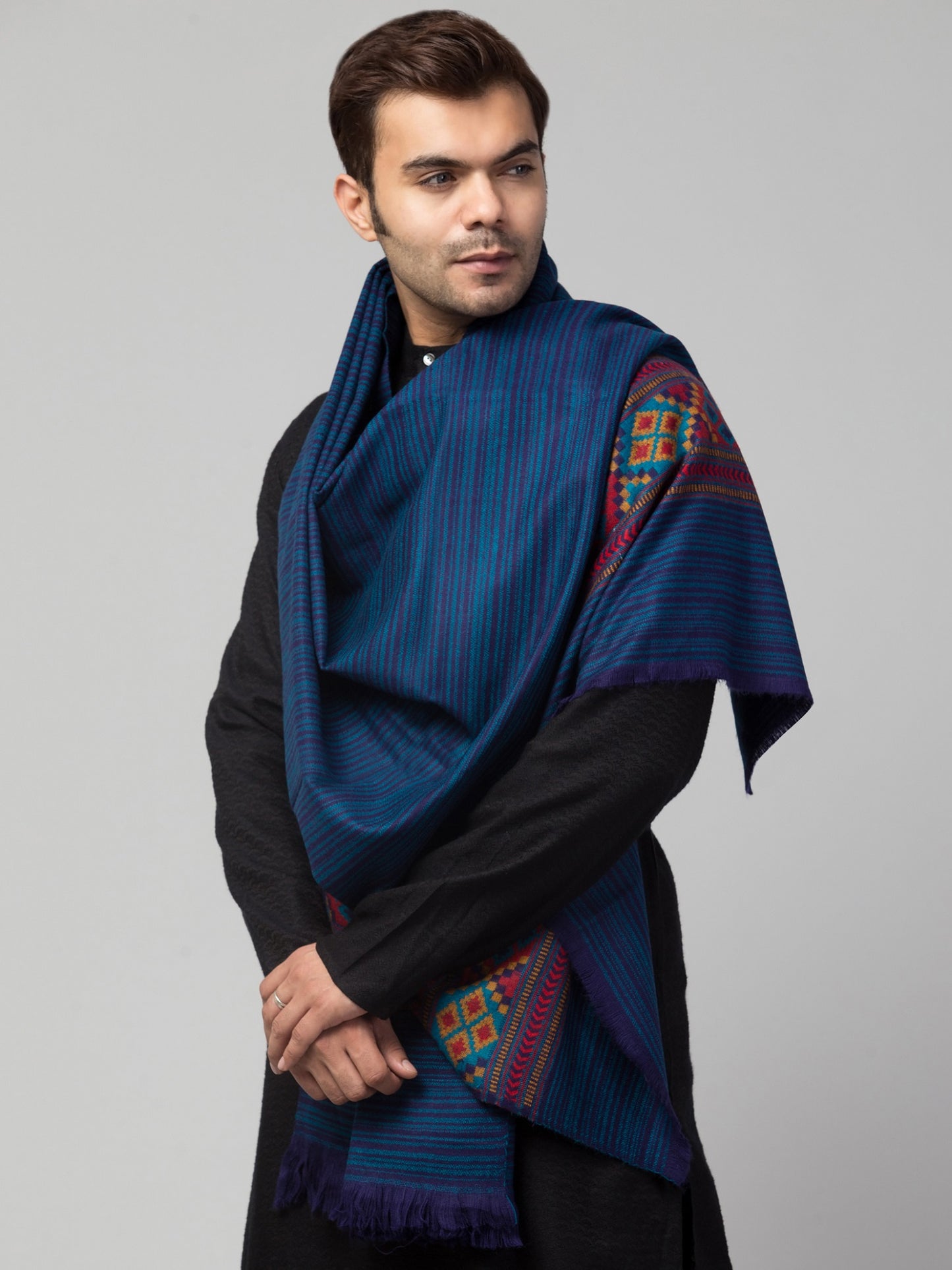 Ethnic Kullu Shawl for Men, Traditional Himachali Design with Tribal Motifs - Light Blue (40x80)