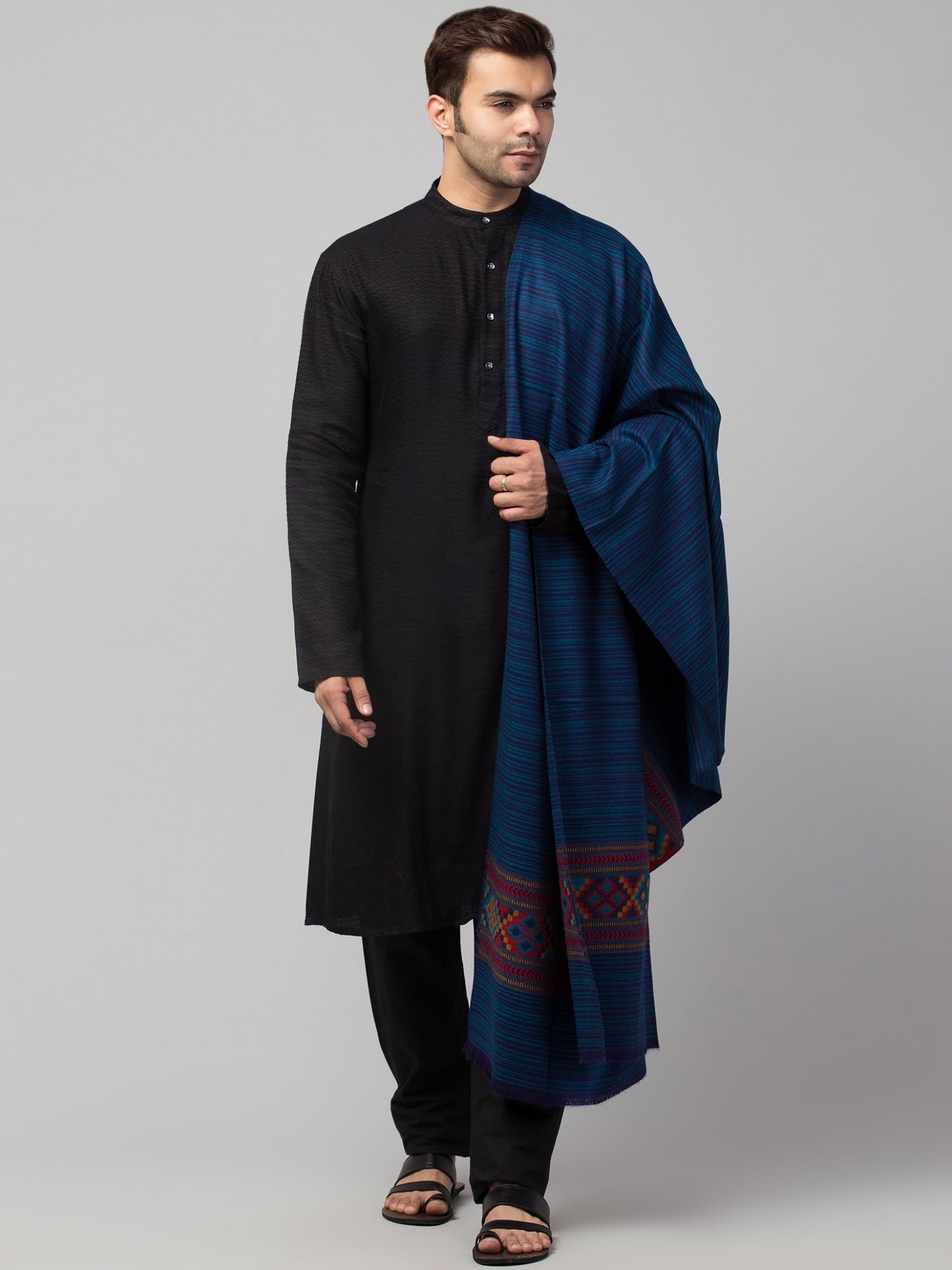 Ethnic Kullu Shawl for Men, Traditional Himachali Design with Tribal Motifs - Light Blue (40x80)