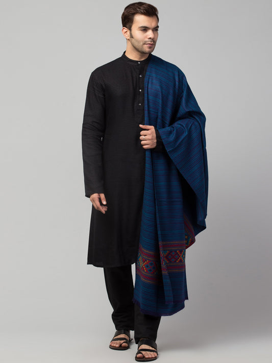 Ethnic Kullu Shawl for Men, Traditional Himachali Design with Tribal Motifs - Light Blue (40x80)