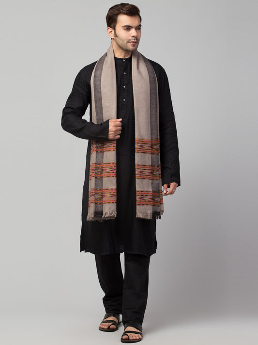 Ethnic Kullu Shawl for Men, Traditional Himachali Design with Tribal Motifs - Grey (Size -40x80)