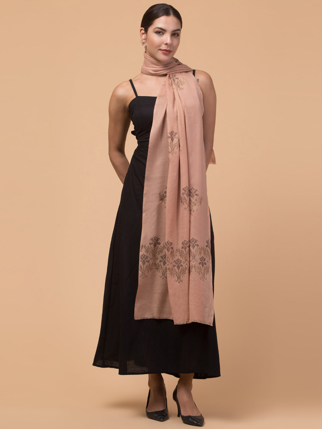 Crystal /Stone Booti Work Fine Wool Stole - Beige