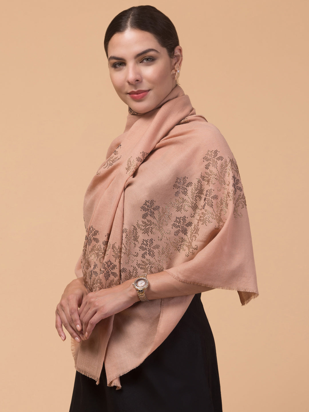 Crystal /Stone Booti Work Fine Wool Stole - Beige
