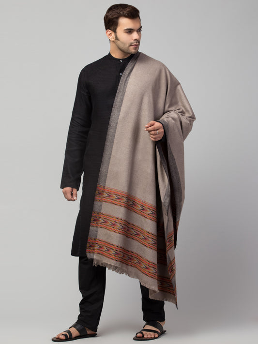Ethnic Kullu Shawl for Men, Traditional Himachali Design with Tribal Motifs - Grey (Size -40x80)