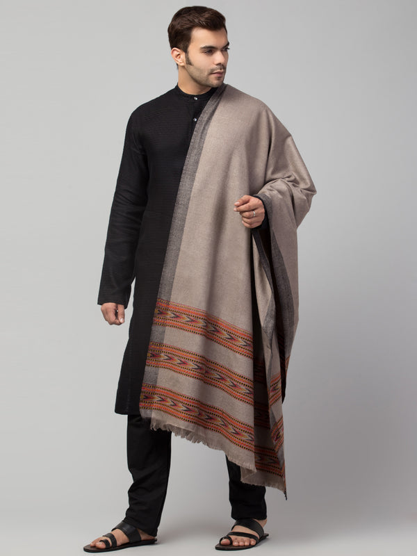 Ethnic Kullu Shawl for Men, Traditional Himachali Design with Tribal Motifs - Grey (Size -40x80)