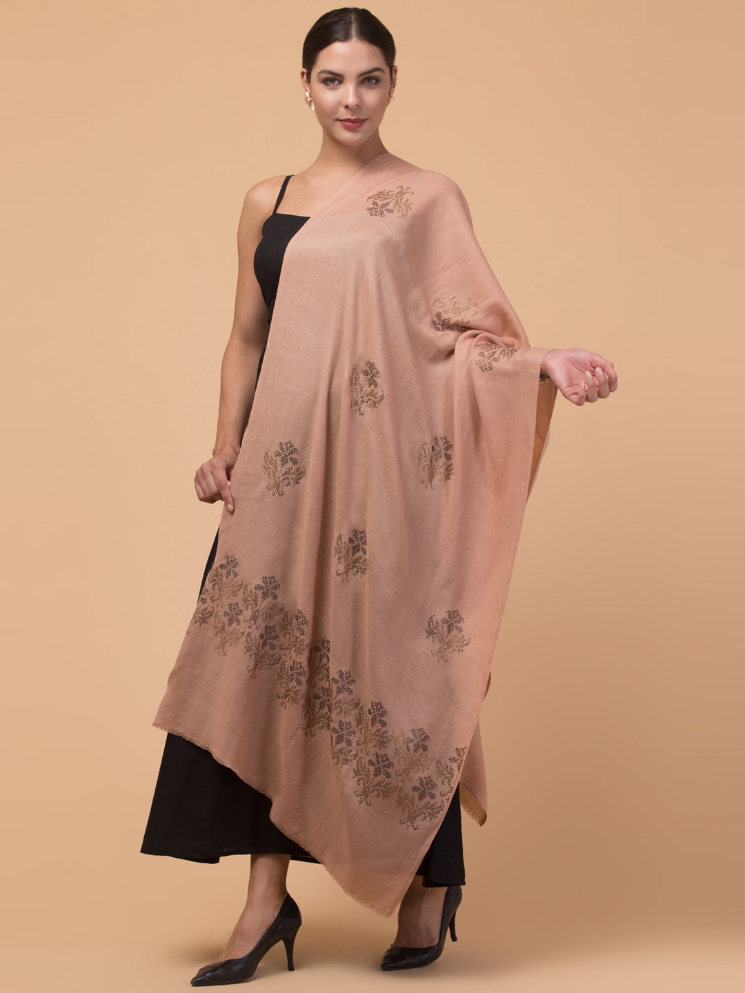 Crystal /Stone Booti Work Fine Wool Stole - Beige