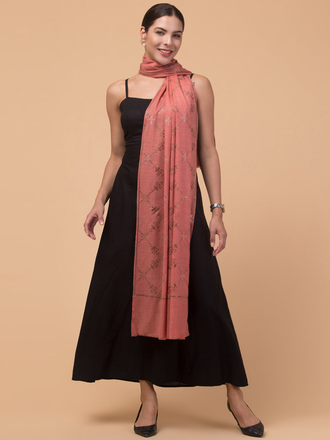 Fine Wool Crystal / Stone Work Stole - Peach