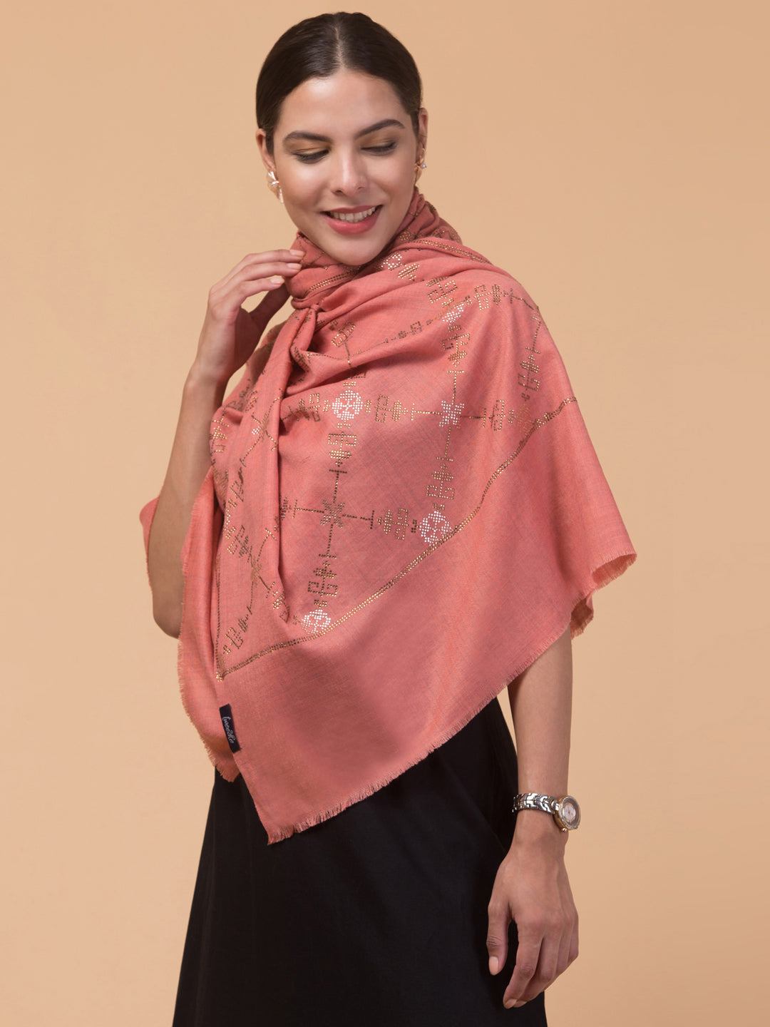 Fine Wool Crystal / Stone Work Stole - Peach