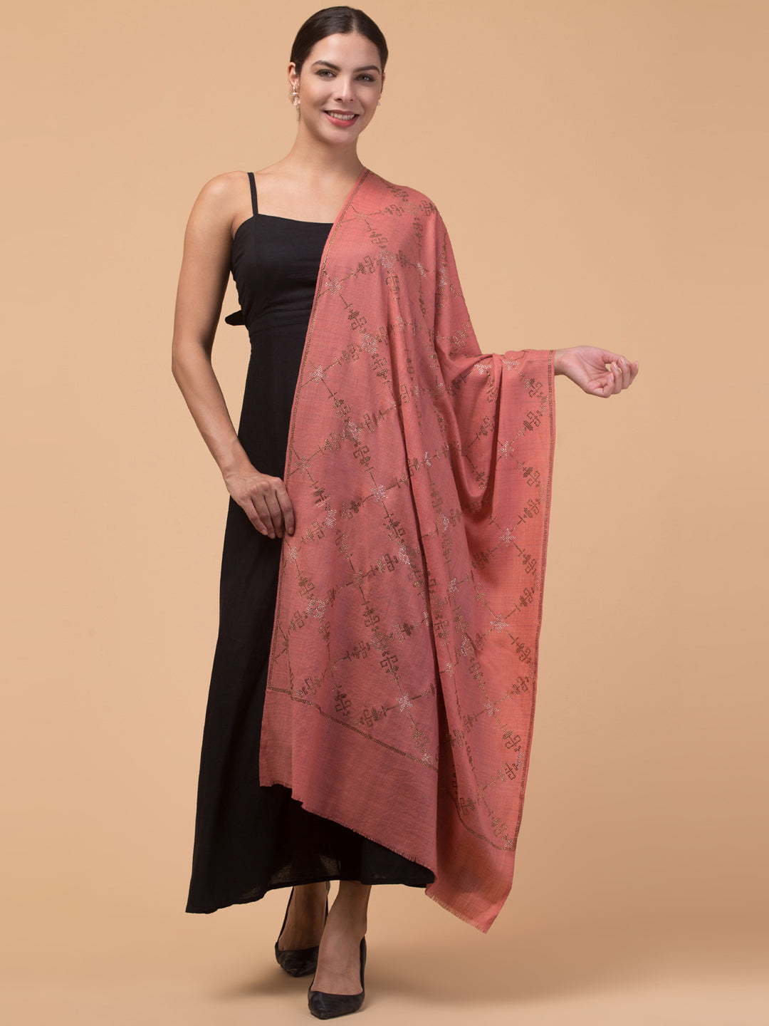 Fine Wool Crystal / Stone Work Stole - Peach