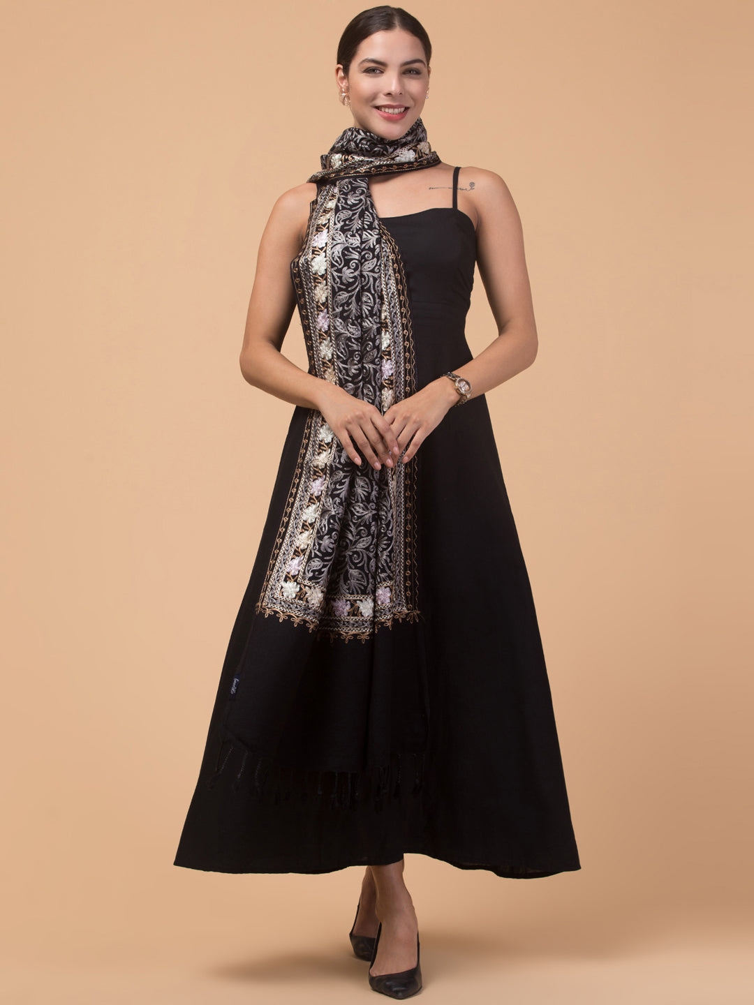 Acro Wool, Soft Feel Kashmiri Embroidery Stole for Winters - Black