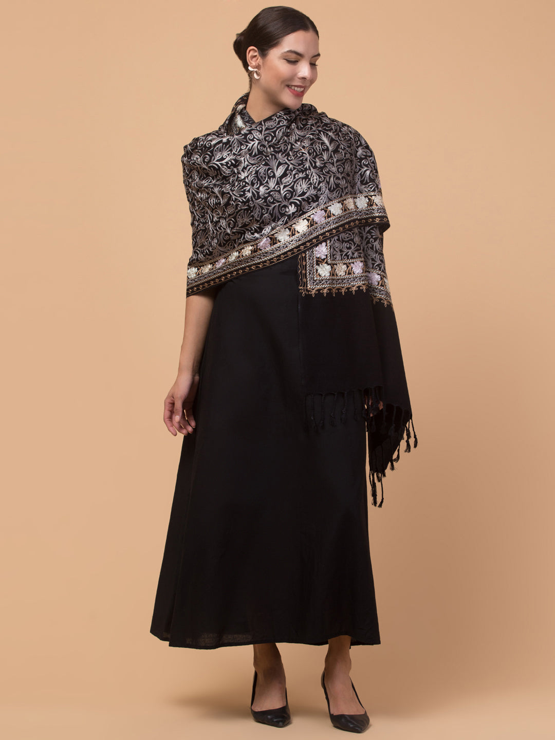 Acro Wool, Soft Feel Kashmiri Embroidery Stole for Winters - Black