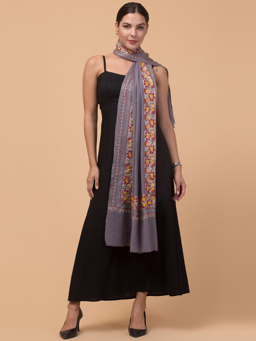 Tweedle Women’s Gulbahaar Aari Embroidery Stole/ Scarf - Grey (Size-28x80)