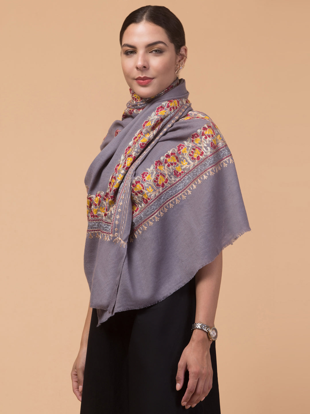 Tweedle Women’s Gulbahaar Aari Embroidery Stole/ Scarf - Grey (Size-28x80)
