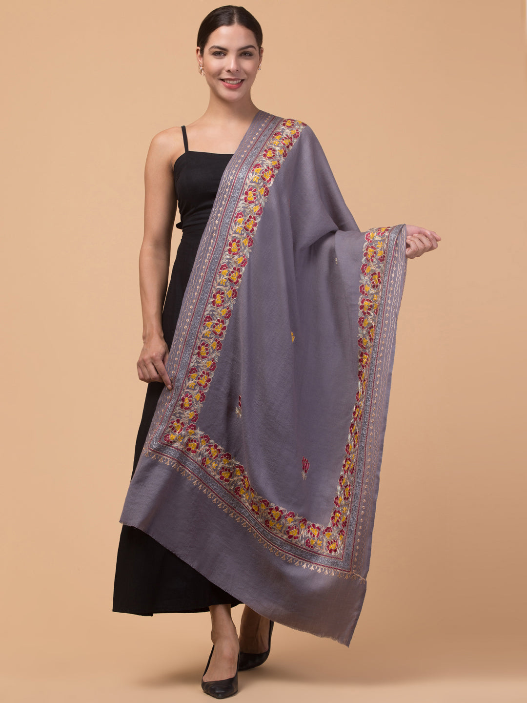 Tweedle Women’s Gulbahaar Aari Embroidery Stole/ Scarf - Grey (Size-28x80)