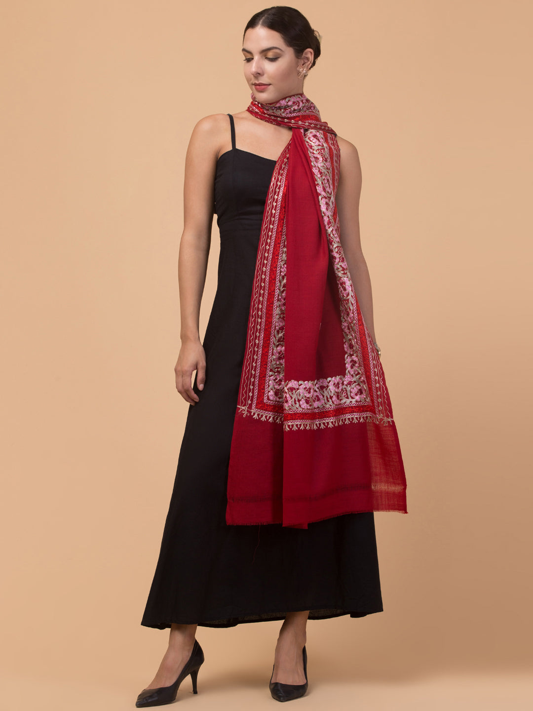 Tweedle Women’s Gulbahaar Aari Embroidery Stole/ Scarf - Red (Size-28x80)