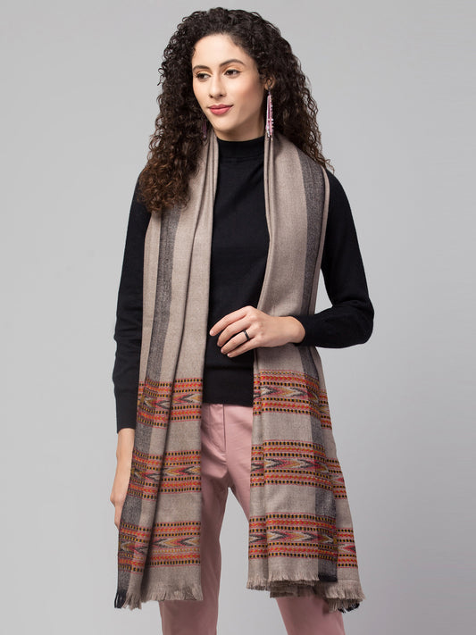Ethnic Kullu Shawl for Women, Traditional Himachali Design with Tribal Motifs - Grey (Size -40x80)