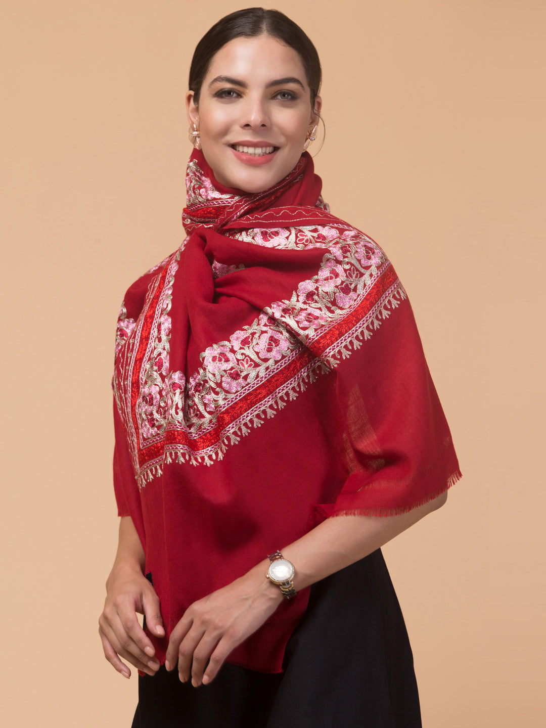 Tweedle Women’s Gulbahaar Aari Embroidery Stole/ Scarf - Red (Size-28x80)