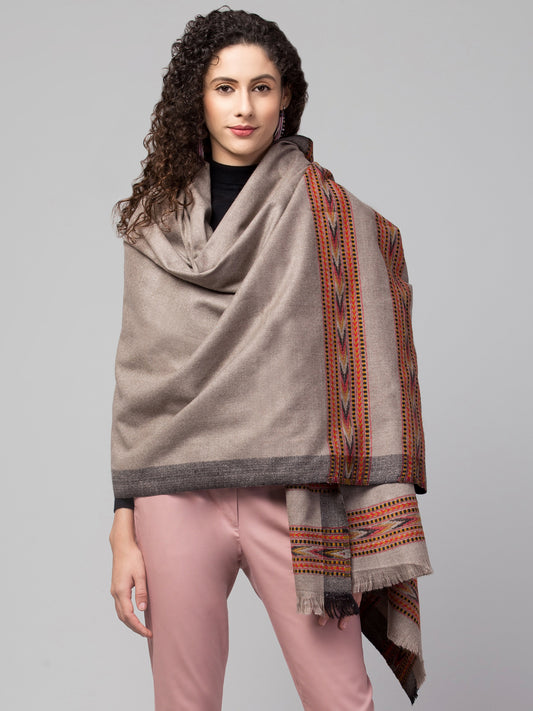 Ethnic Kullu Shawl for Women, Traditional Himachali Design with Tribal Motifs - Grey (Size -40x80)