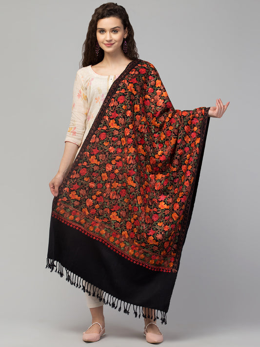 Cashmilon Wool Stole with all over Aari Embroidery - Blk