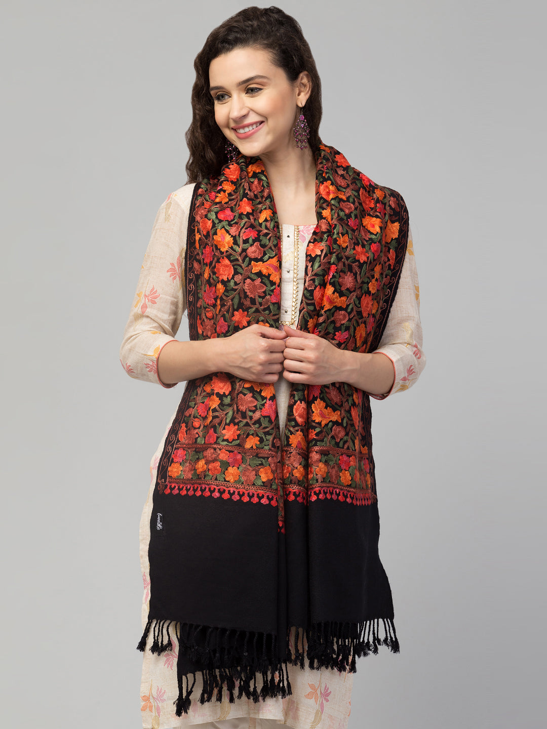 Cashmilon Wool Stole with all over Aari Embroidery - Blk