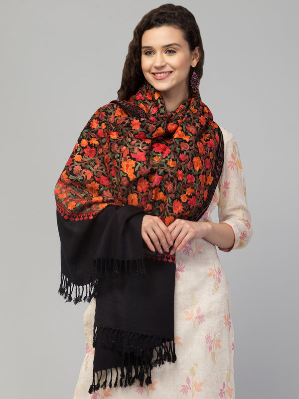 Cashmilon Wool Stole with all over Aari Embroidery - Blk