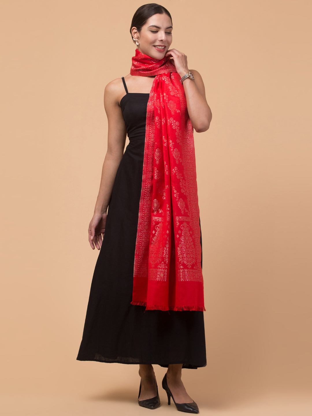 Zari Weave Floral Design Acrylic Stole - Red