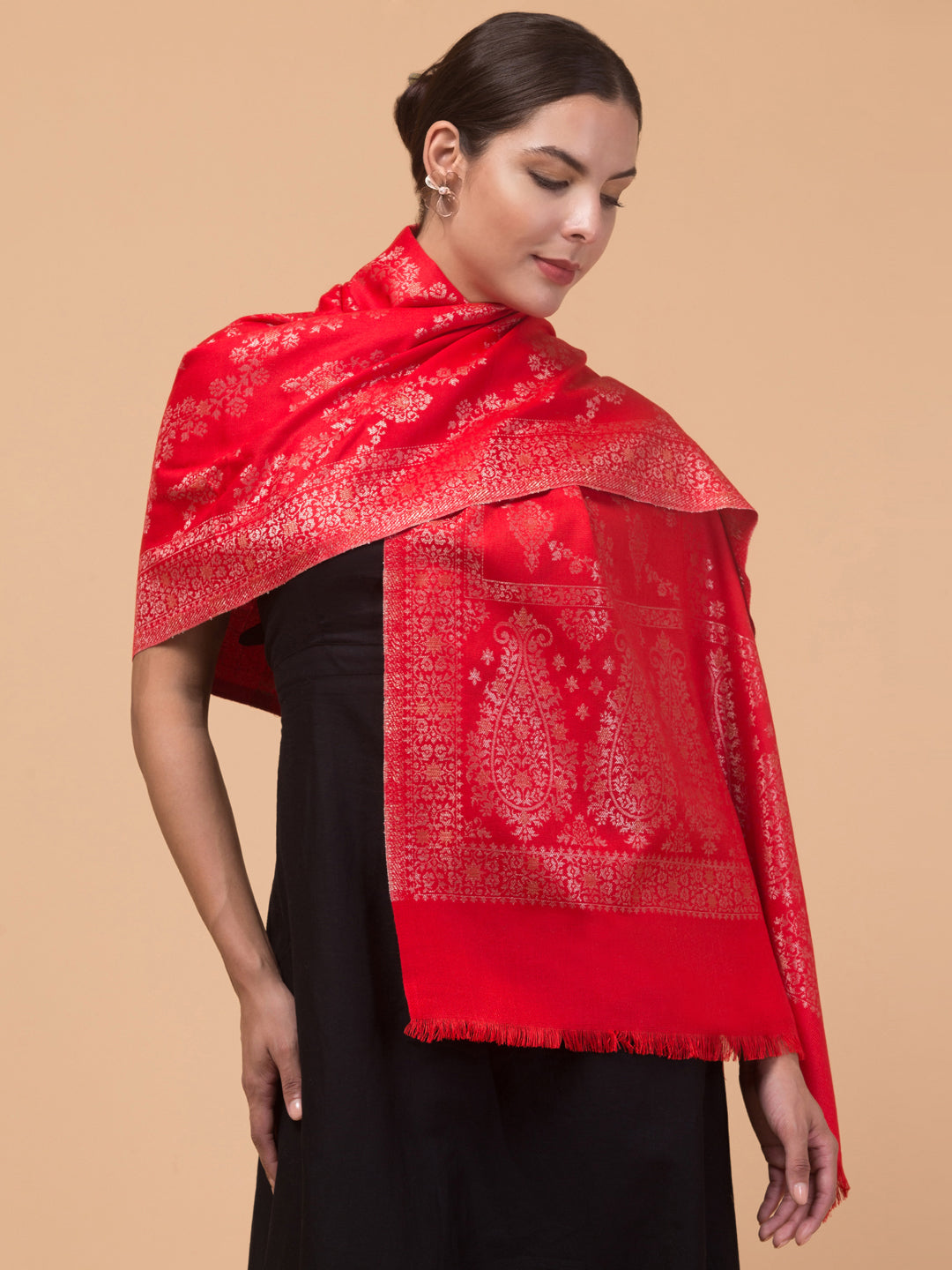 Zari Weave Floral Design Acrylic Stole - Red