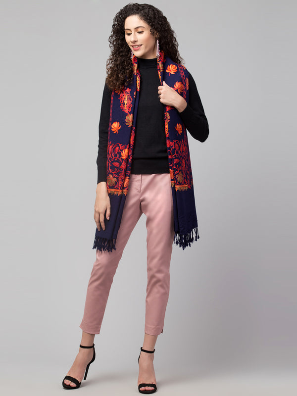 Blended Wool Floral Pattern Aari Embroidery Stole - Navy Blue