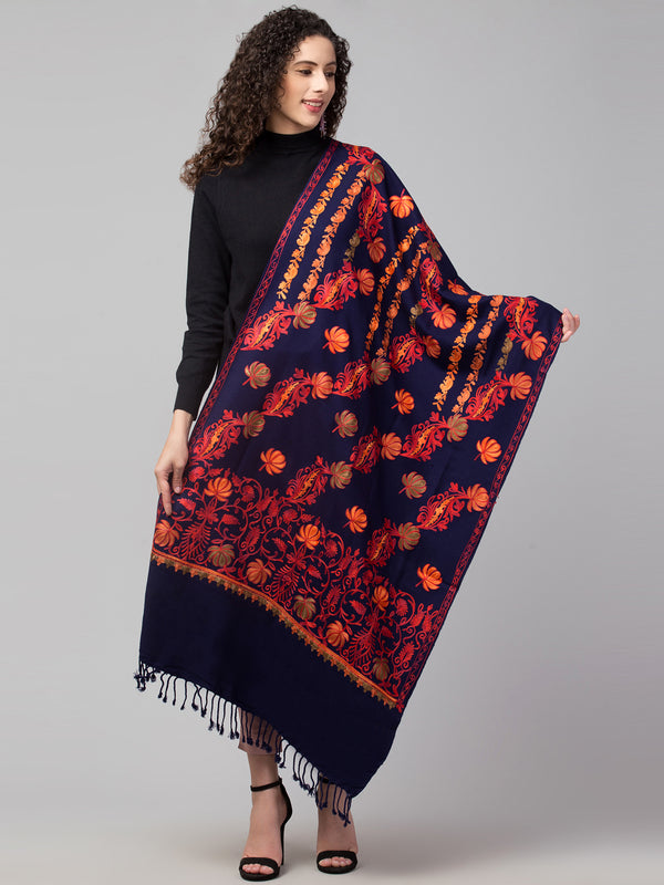 Blended Wool Floral Pattern Aari Embroidery Stole - Navy Blue