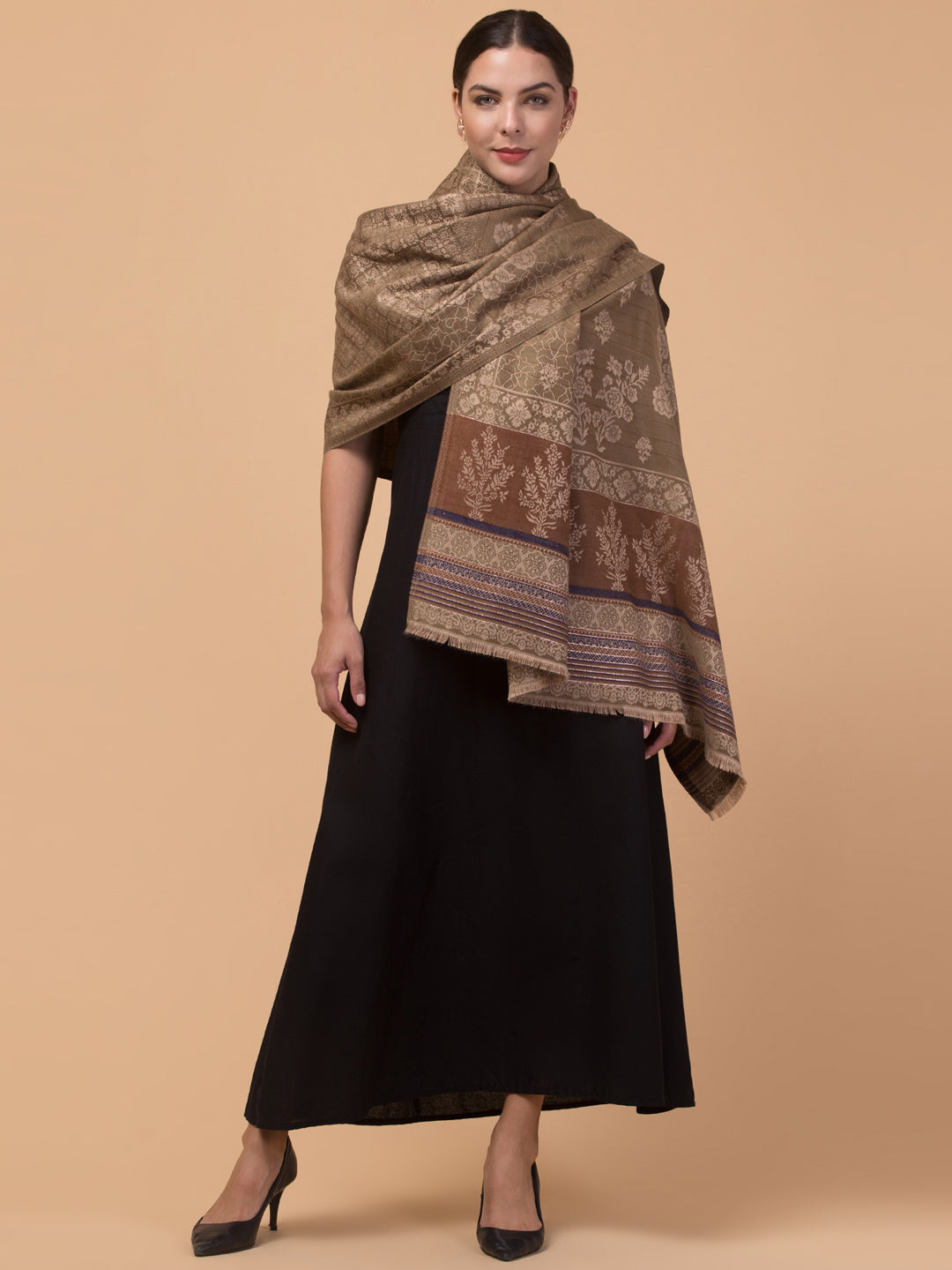 Reversible Fusion, Floral Design Shawl for Winter - Beige