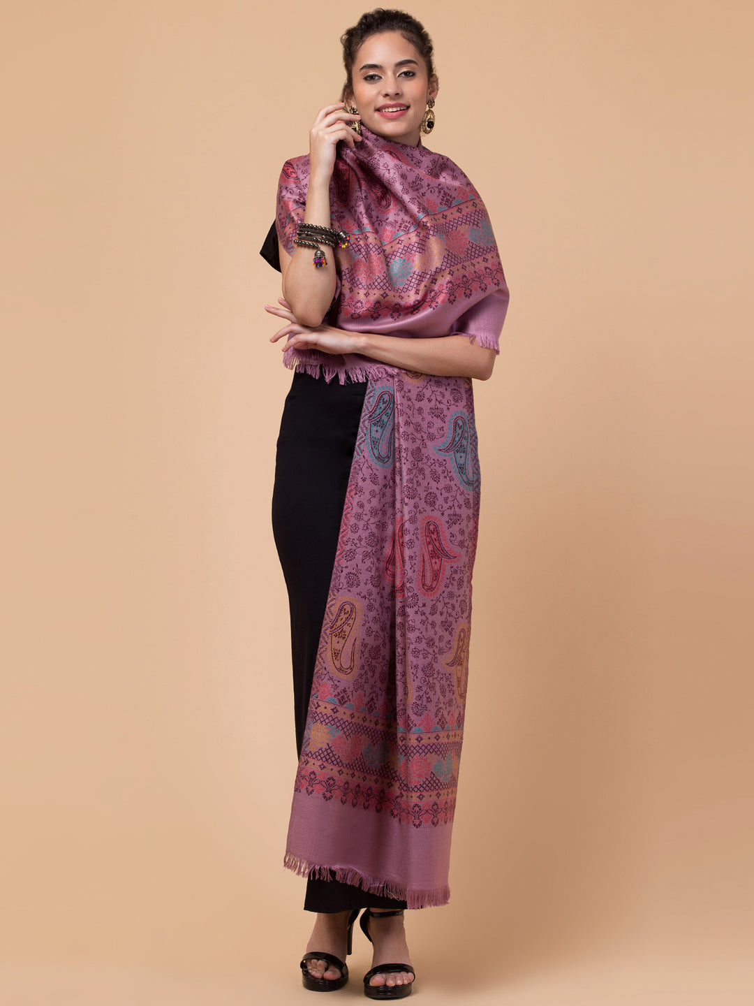 Ethnic Paisley Design Stole with Fringed Edges  - Purple