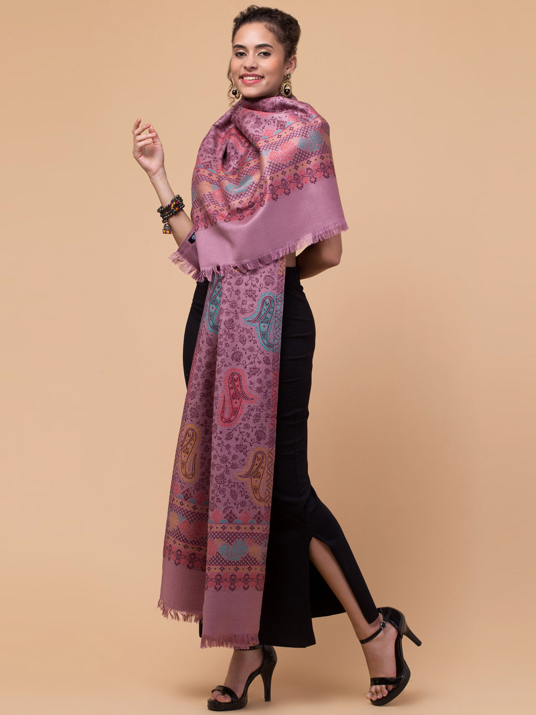 Ethnic Paisley Design Stole with Fringed Edges  - Purple