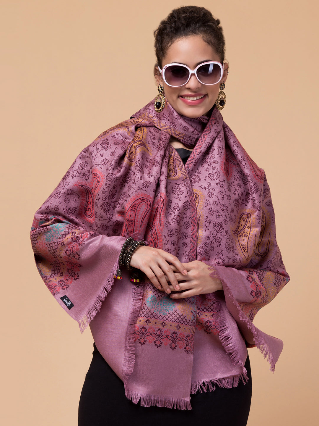 Ethnic Paisley Design Stole with Fringed Edges  - Purple