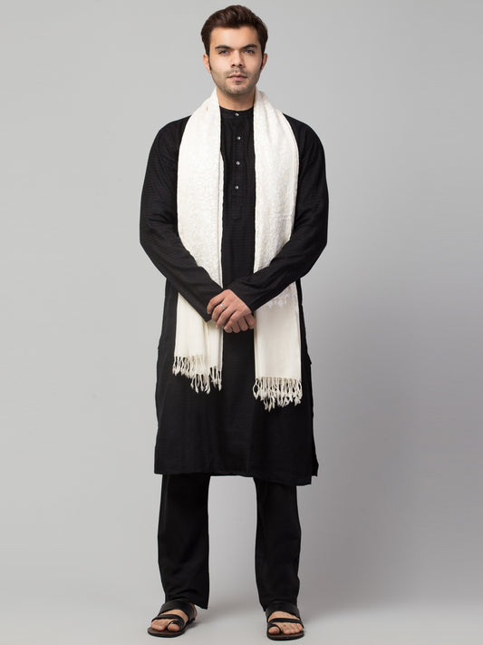 Pure Wool White on White Kashmiri Embroidery Stole