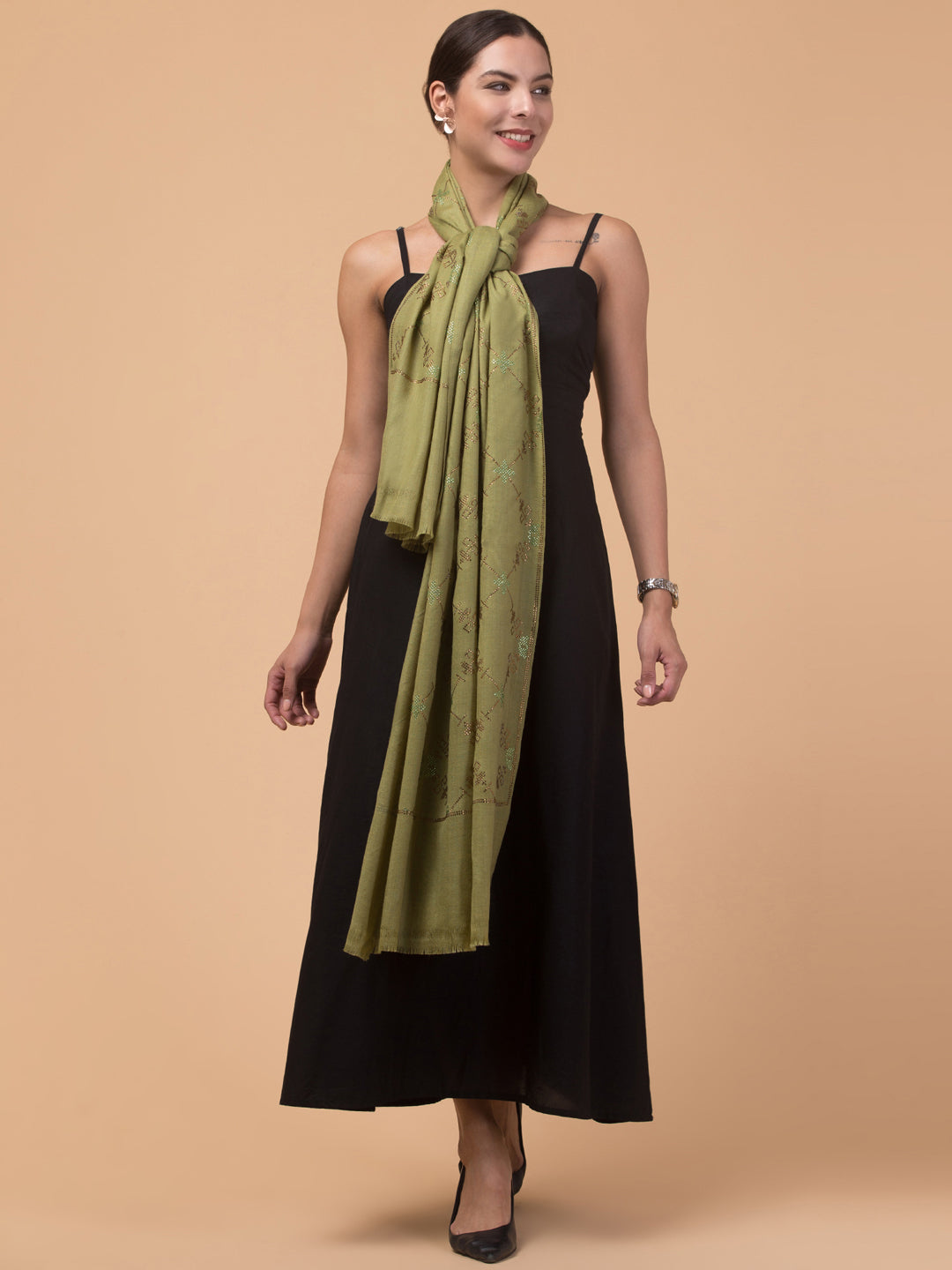 Fine Wool Crystal / Stone Work Stole - Green