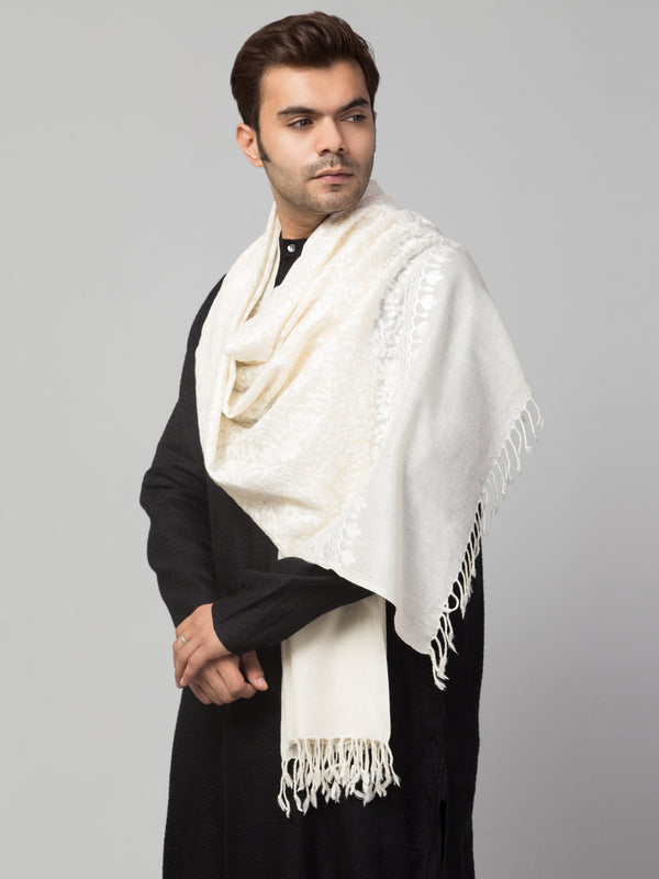 Pure Wool White on White Kashmiri Embroidery Stole