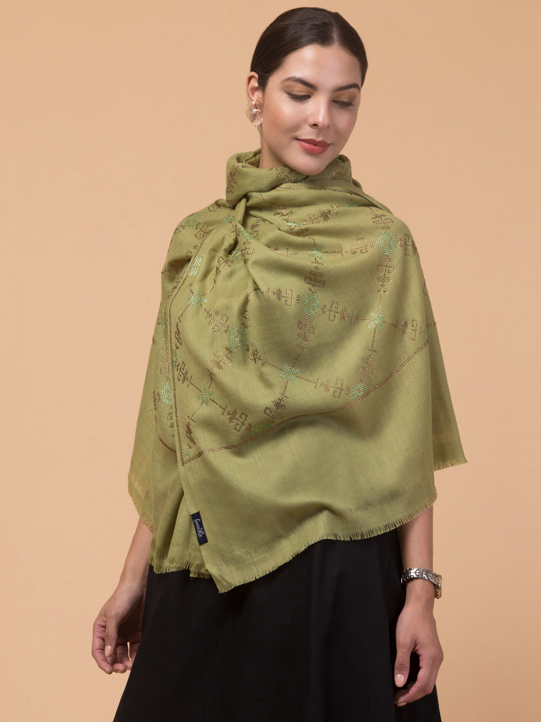 Fine Wool Crystal / Stone Work Stole - Green