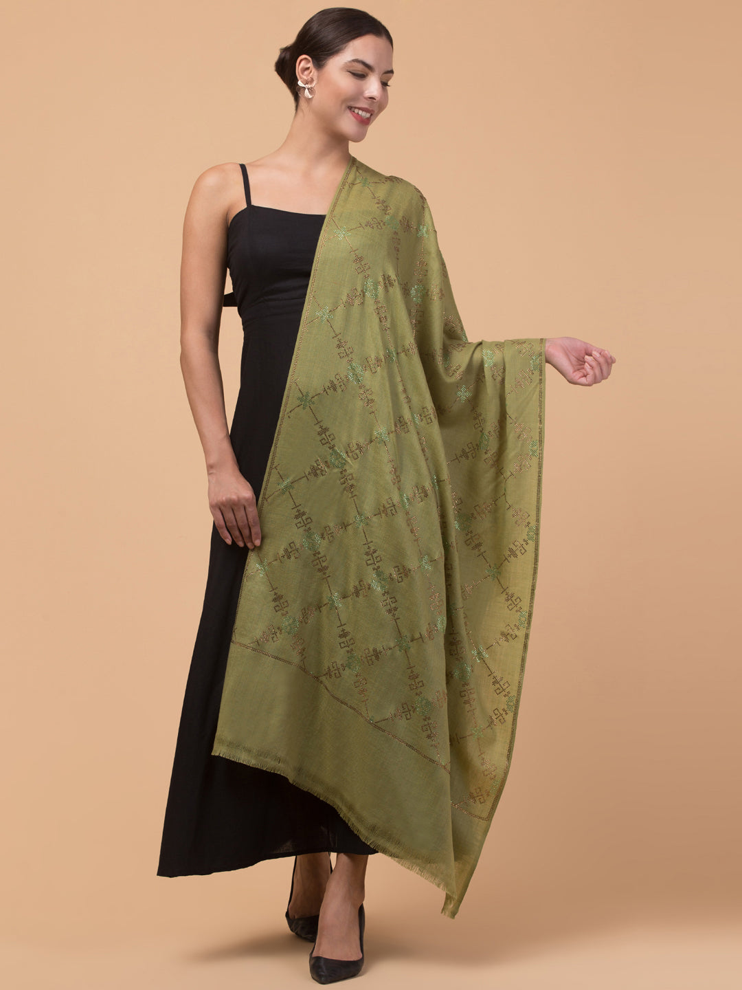 Fine Wool Crystal / Stone Work Stole - Green