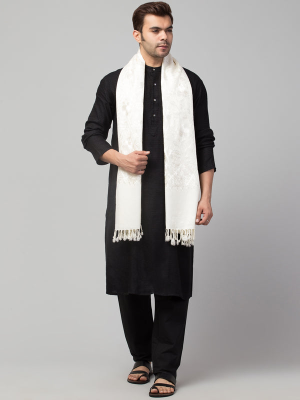 Blended Wool White on White Aari Embroidery Stole